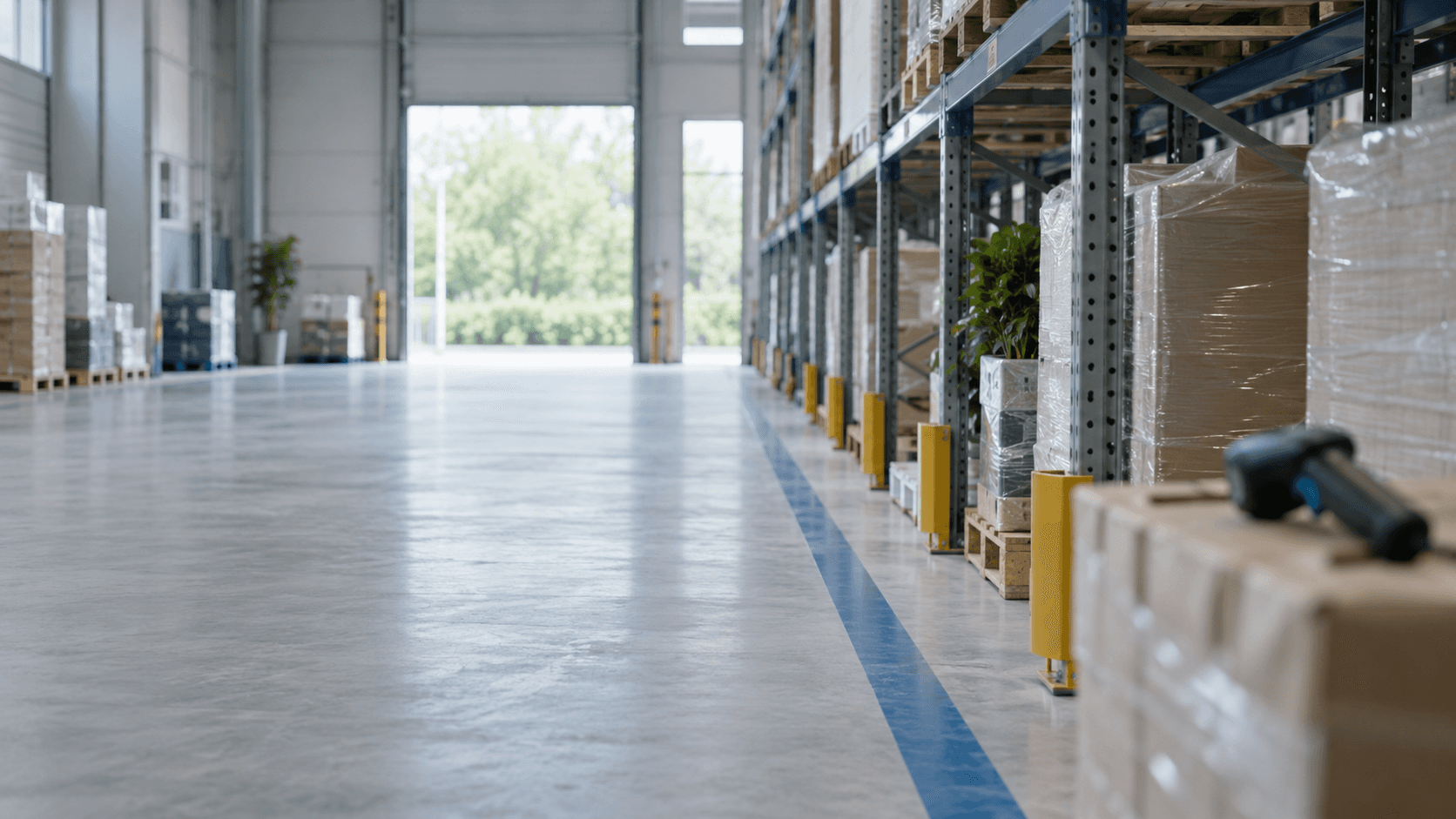 Magazijngang met palletstellingen en een handscanner op een pallet
