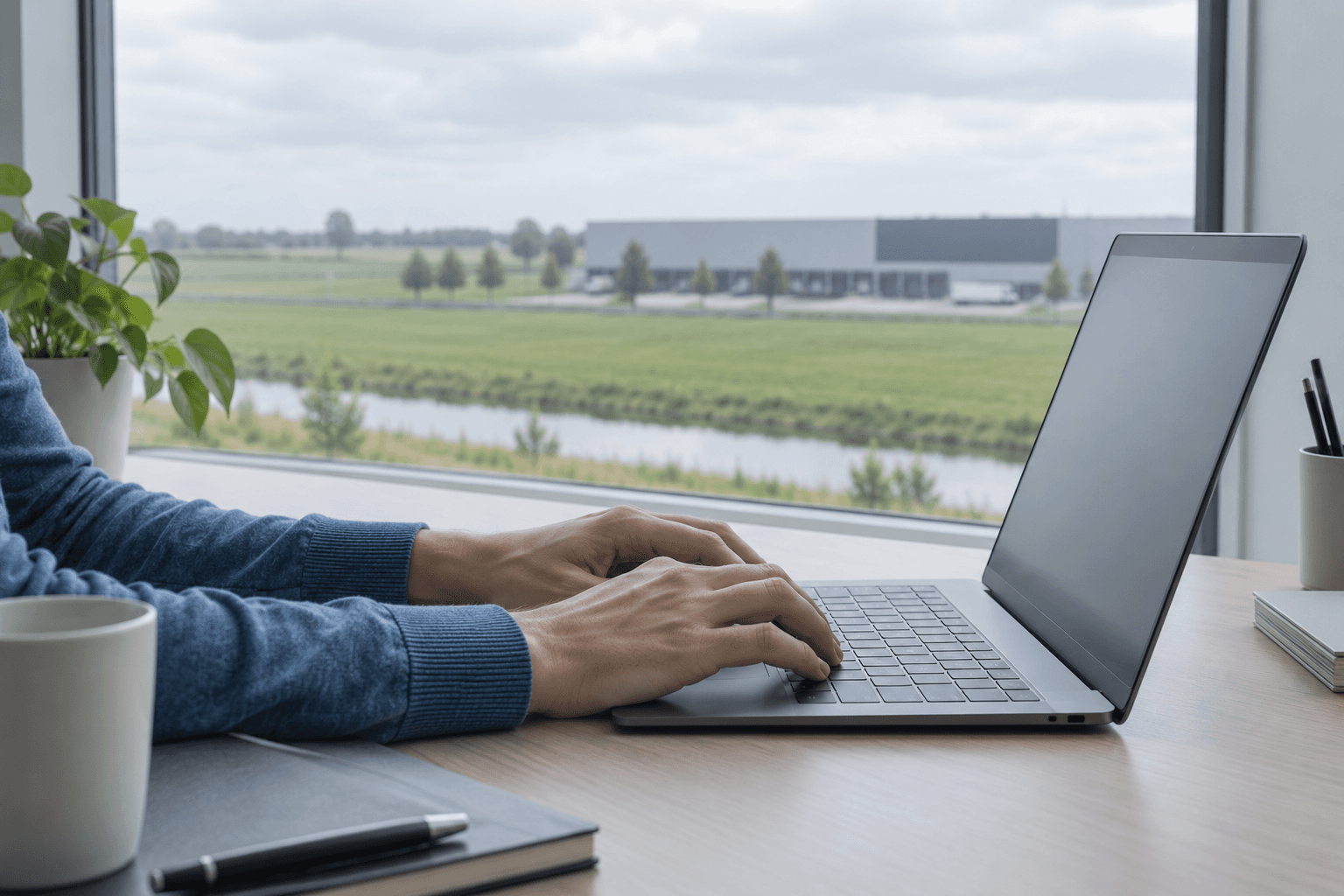 Handen op een laptop bij een raam met uitzicht op een distributiecentrum