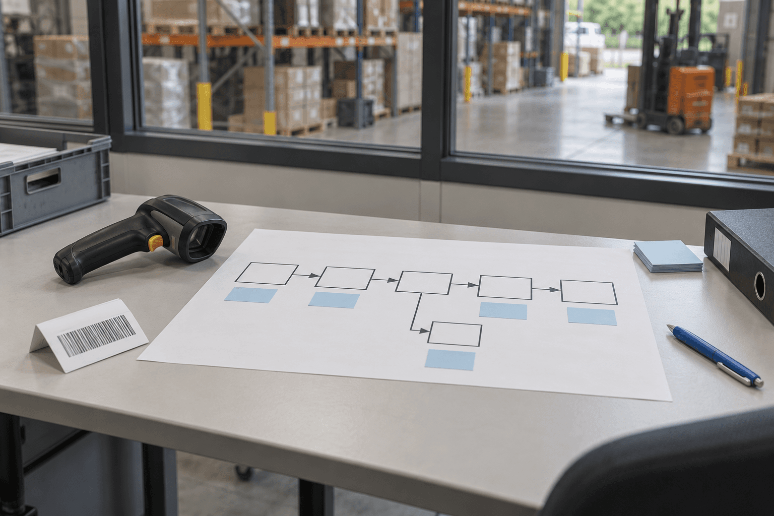 Werktafel met een processchema op papier, een handscanner en een palletlabel