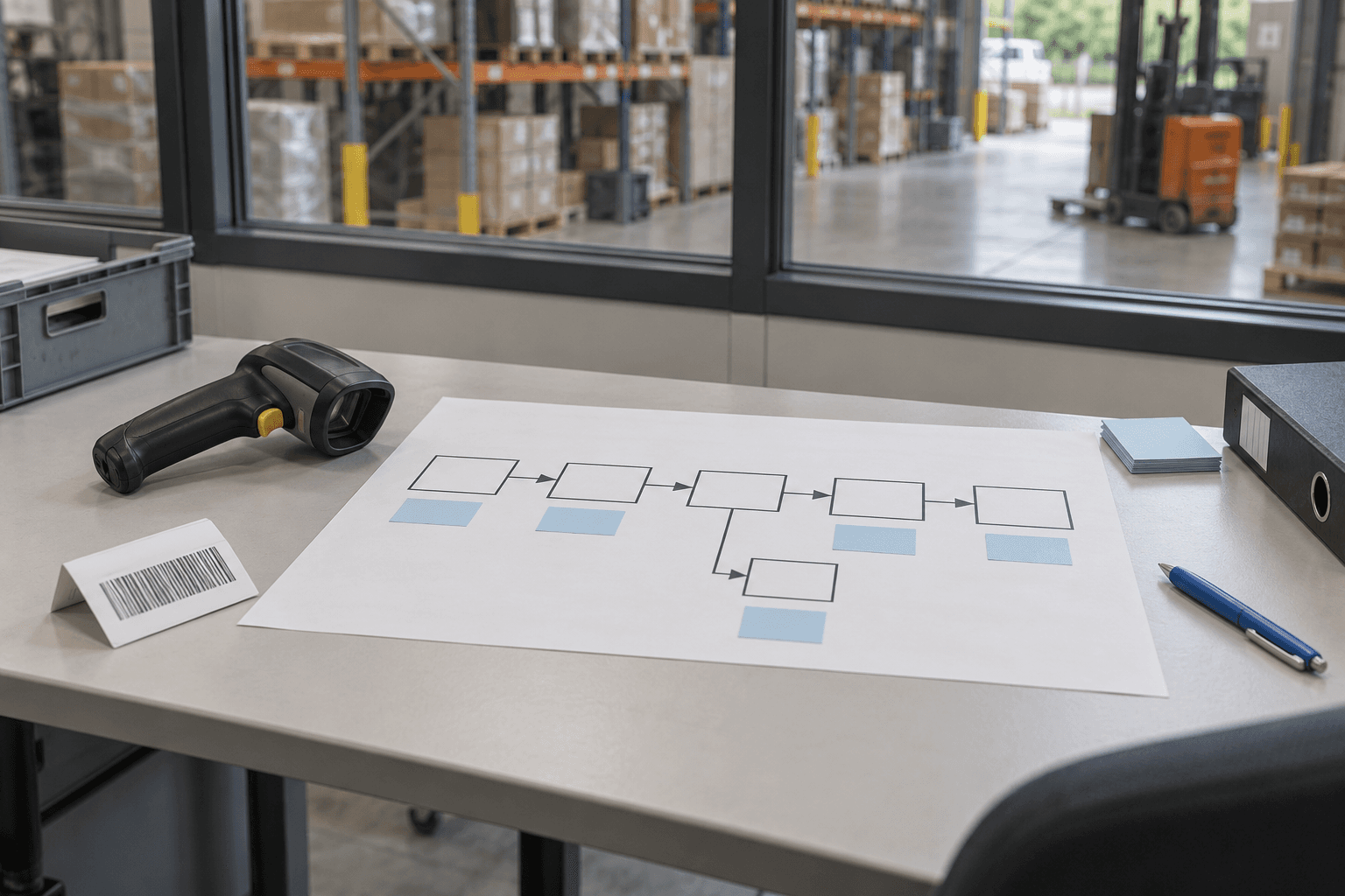 Werktafel met een processchema op papier, een handscanner en een palletlabel