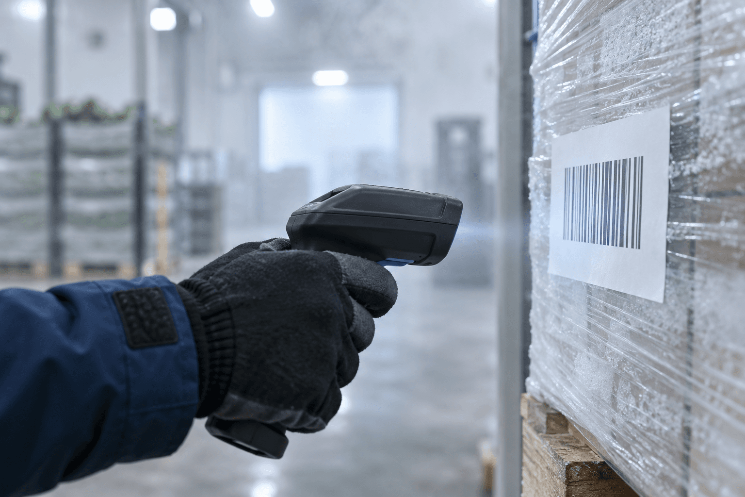 Hand met handschoen en een scanner voor een pallet in een koelhuis