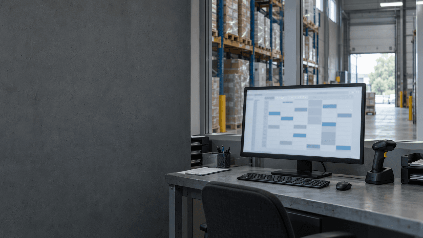 Werkbank met een monitor met een planning en een handscanner, met stellingen achter een glazen wand